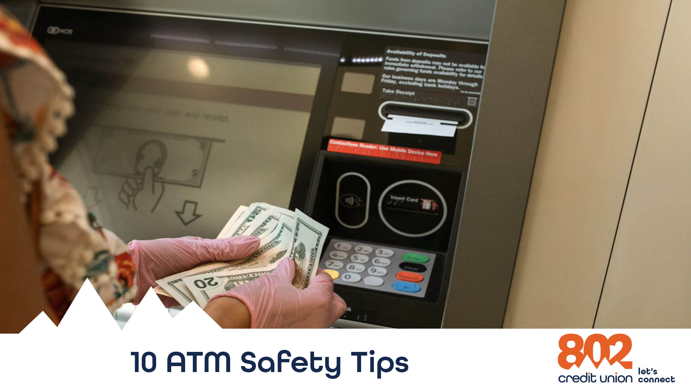 Image of a person at ant ATM with money in their hands.