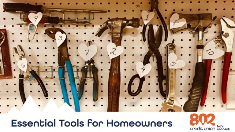 Image of tools hanging on a wall with the text that says "Essential Tools for Homeowners"