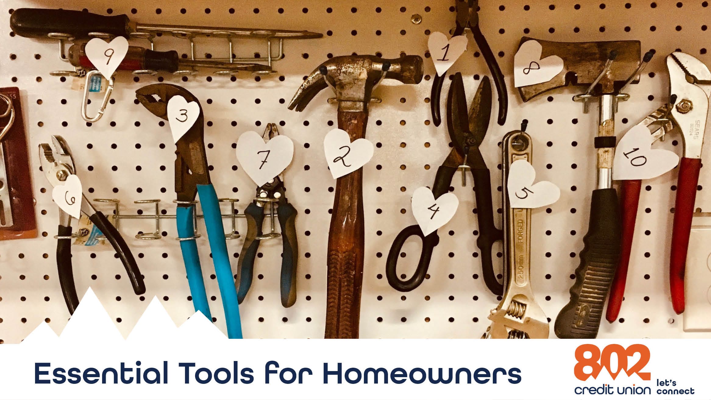Image of tools hanging on a wall with the text that says "Essential Tools for Homeowners"
