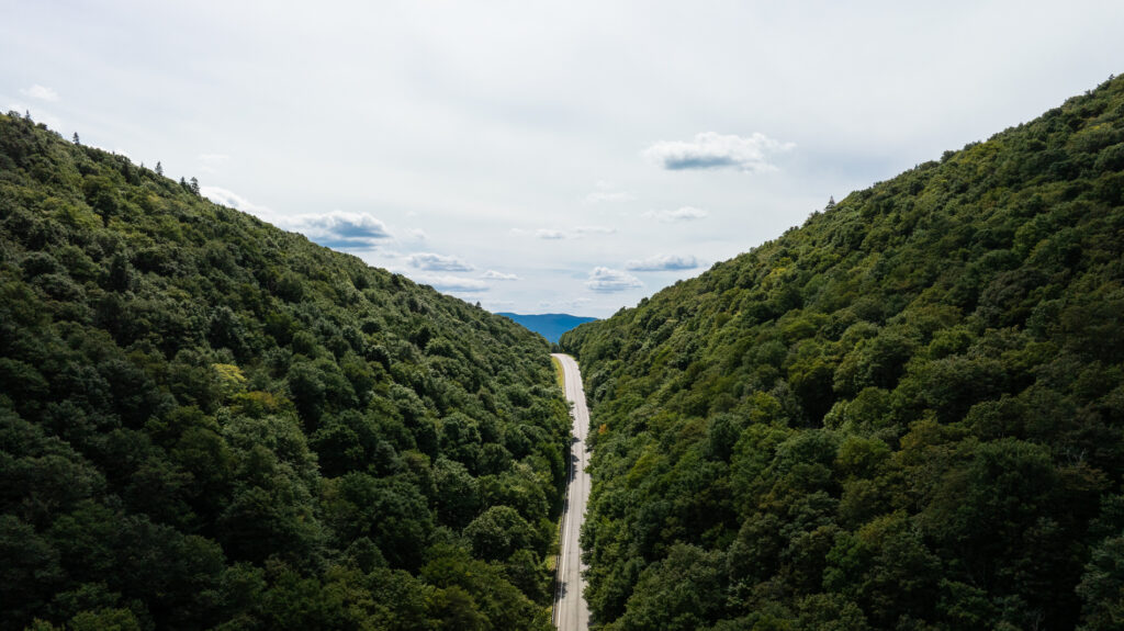 A long, winding road stretches through a lush green mountain pass under a bright sky.