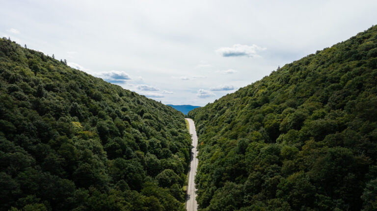 A long, winding road stretches through a lush green mountain pass under a bright sky.
